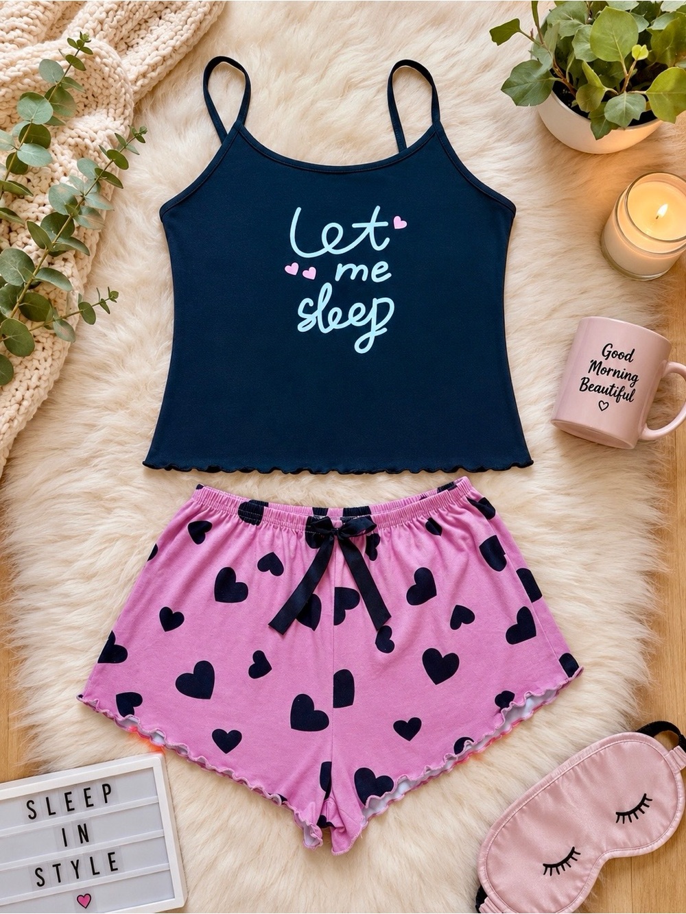🖤 Women's Let me sleep Heart-Print Pajama Set SMALL